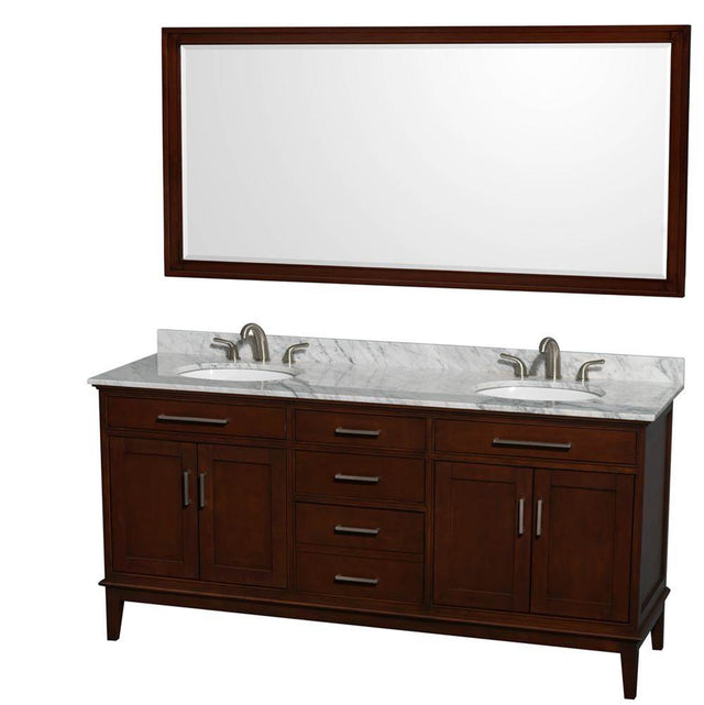 Wyndham Collection - Hatton 72 Inch Double Bathroom Vanity in Dark Chestnut, White Carrara Marble Countertop, Undermount Oval Sinks, and 70 Inch Mirror - Dark Chestnut