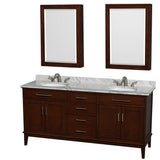 Wyndham Collection - Hatton 72 Inch Double Bathroom Vanity in Dark Chestnut, White Carrara Marble Countertop, Undermount Oval Sinks, and Medicine Cabinets - Dark Chestnut