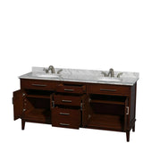 Hatton 72 Inch Double Bathroom Vanity in Dark Chestnut, White Carrara Marble Countertop, Undermount Oval Sinks, and No Mirror