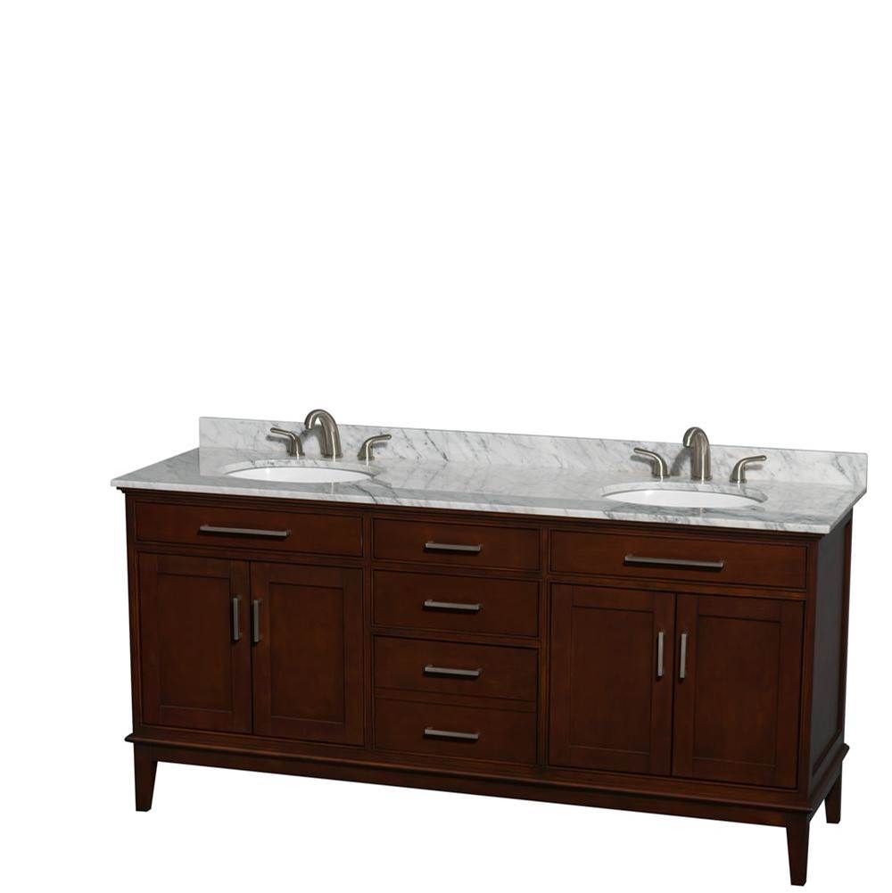 Wyndham Collection - Hatton 72 Inch Double Bathroom Vanity in Dark Chestnut, White Carrara Marble Countertop, Undermount Oval Sinks, and No Mirror - Dark Chestnut