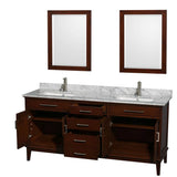 Hatton 72 Inch Double Bathroom Vanity in Dark Chestnut, White Carrara Marble Countertop, Undermount Square Sinks, and 24 Inch Mirrors