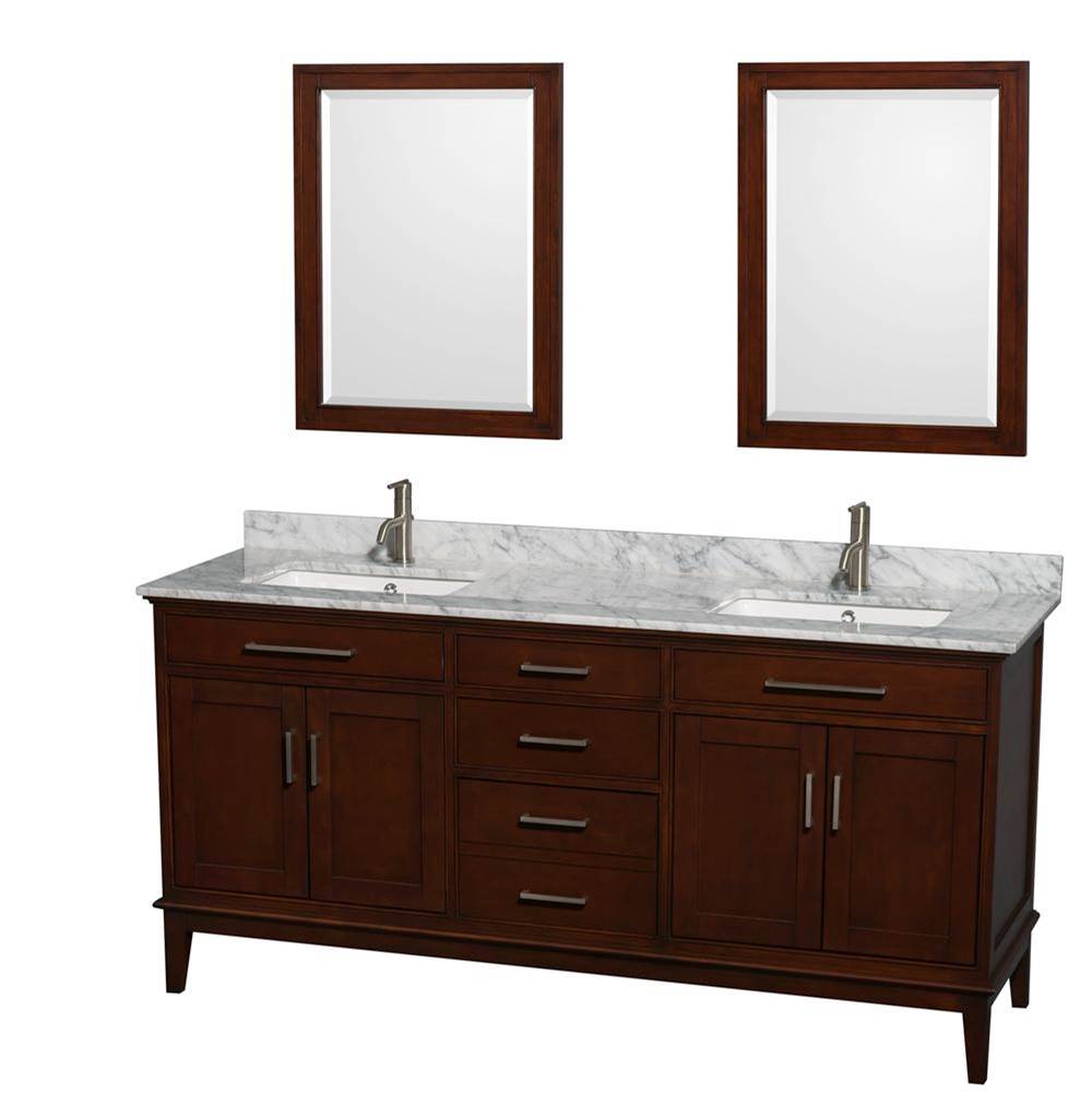 Wyndham Collection - Hatton 72 Inch Double Bathroom Vanity in Dark Chestnut, White Carrara Marble Countertop, Undermount Square Sinks, and 24 Inch Mirrors - Dark Chestnut