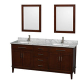 Wyndham Collection - Hatton 72 Inch Double Bathroom Vanity in Dark Chestnut, White Carrara Marble Countertop, Undermount Square Sinks, and 24 Inch Mirrors - Dark Chestnut