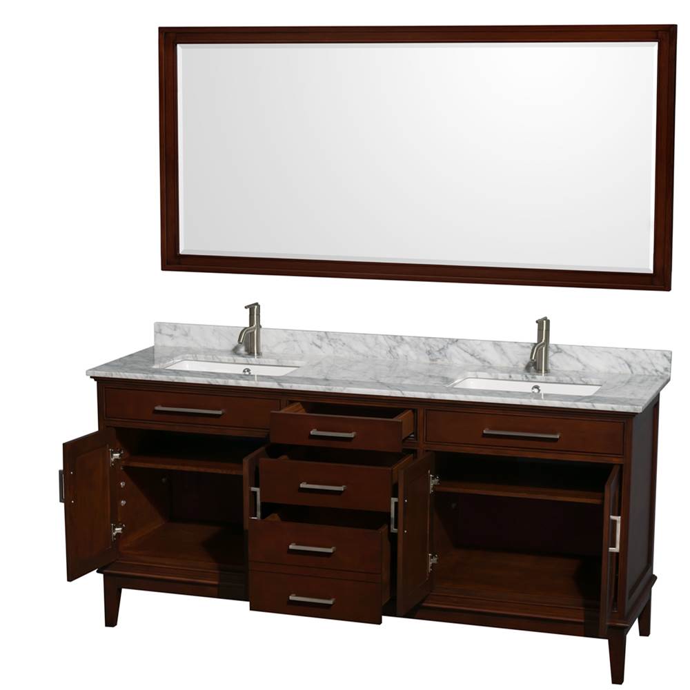 Hatton 72 Inch Double Bathroom Vanity in Dark Chestnut, White Carrara Marble Countertop, Undermount Square Sinks, and 70 Inch Mirror