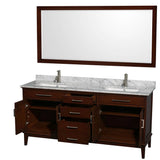 Hatton 72 Inch Double Bathroom Vanity in Dark Chestnut, White Carrara Marble Countertop, Undermount Square Sinks, and 70 Inch Mirror