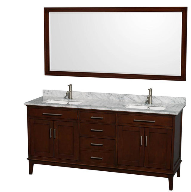 Wyndham Collection - Hatton 72 Inch Double Bathroom Vanity in Dark Chestnut, White Carrara Marble Countertop, Undermount Square Sinks, and 70 Inch Mirror - Dark Chestnut
