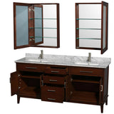 Hatton 72 Inch Double Bathroom Vanity in Dark Chestnut, White Carrara Marble Countertop, Undermount Square Sinks, and Medicine Cabinets