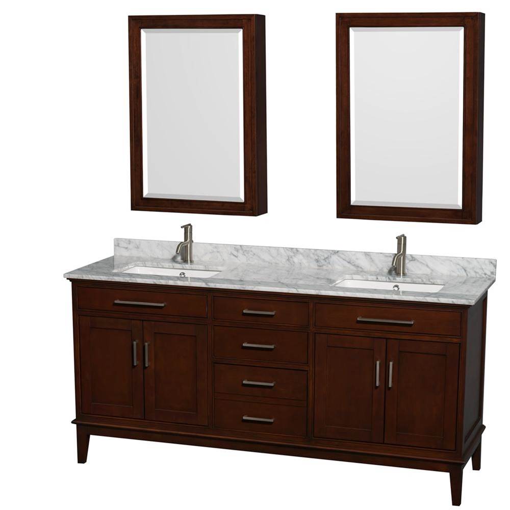 Wyndham Collection - Hatton 72 Inch Double Bathroom Vanity in Dark Chestnut, White Carrara Marble Countertop, Undermount Square Sinks, and Medicine Cabinets - Dark Chestnut