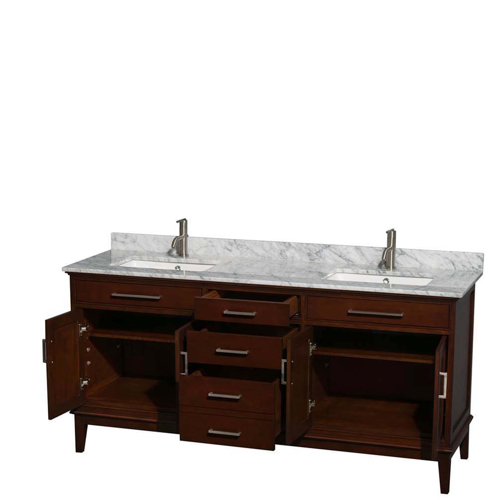 Hatton 72 Inch Double Bathroom Vanity in Dark Chestnut, White Carrara Marble Countertop, Undermount Square Sinks, and No Mirror