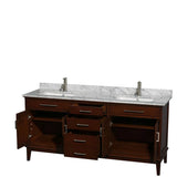 Hatton 72 Inch Double Bathroom Vanity in Dark Chestnut, White Carrara Marble Countertop, Undermount Square Sinks, and No Mirror