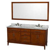 Wyndham Collection - Hatton 72 Inch Double Bathroom Vanity in Light Chestnut, White Carrara Marble Countertop, Undermount Oval Sinks, and 70 Inch Mirror - Light Chestnut