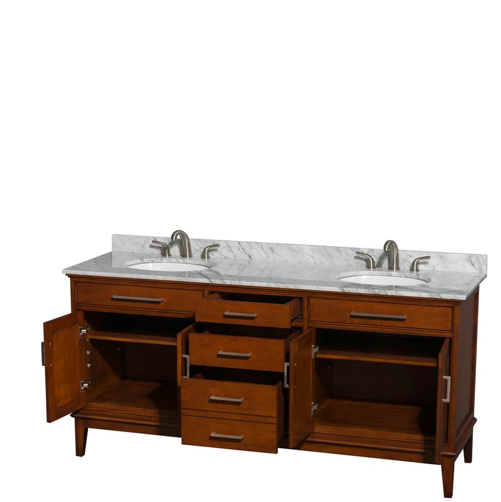 Hatton 72 Inch Double Bathroom Vanity in Dark Chestnut, White Carrara Marble Countertop, Undermount Oval Sinks, and No Mirror
