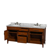 Hatton 72 Inch Double Bathroom Vanity in Dark Chestnut, White Carrara Marble Countertop, Undermount Oval Sinks, and No Mirror