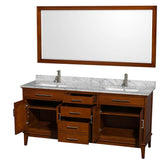 Hatton 72 Inch Double Bathroom Vanity in Dark Chestnut, White Carrara Marble Countertop, Undermount Square Sinks, and 70 Inch Mirror