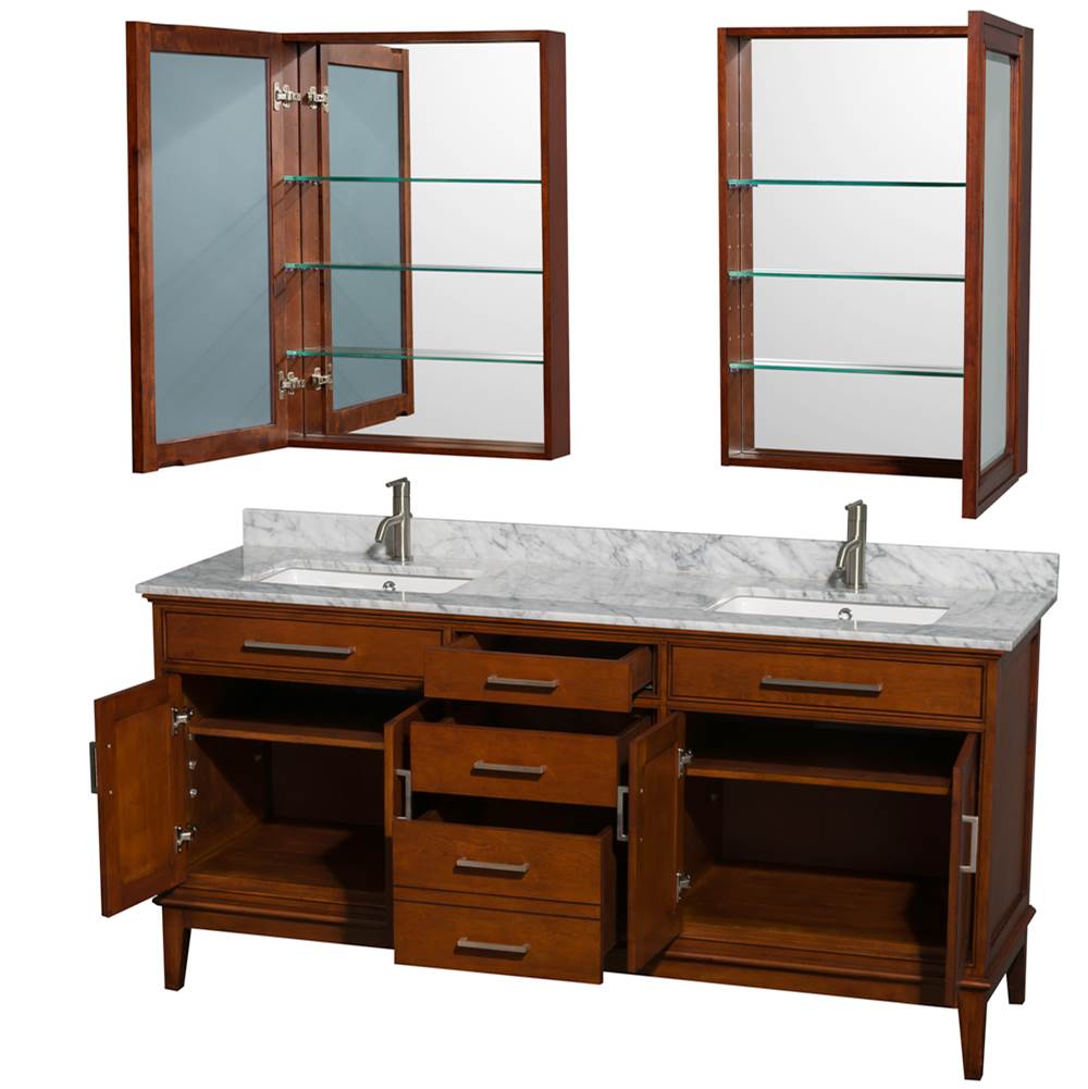 Hatton 72 Inch Double Bathroom Vanity in Dark Chestnut, White Carrara Marble Countertop, Undermount Square Sinks, and Medicine Cabinets