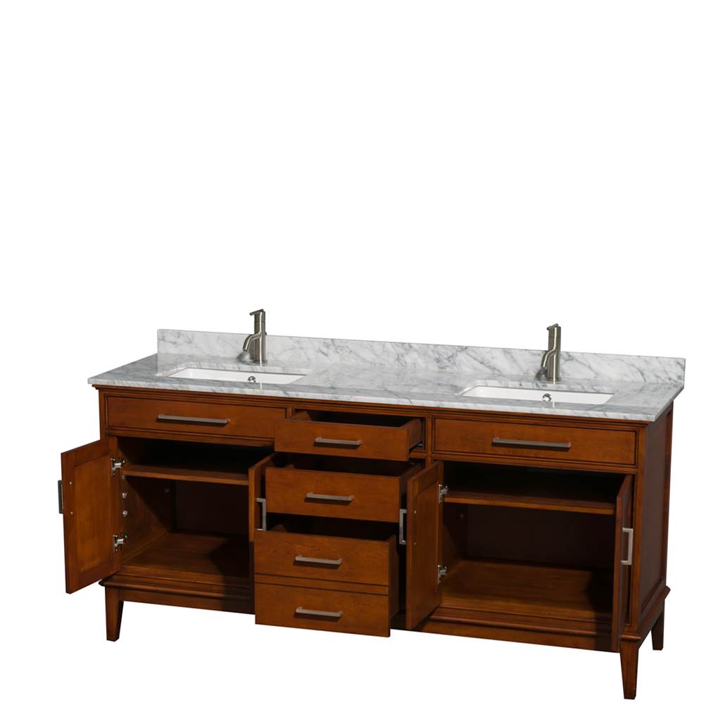 Hatton 72 Inch Double Bathroom Vanity in Dark Chestnut, White Carrara Marble Countertop, Undermount Square Sinks, and No Mirror
