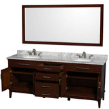 Hatton 80 Inch Double Bathroom Vanity in Dark Chestnut, White Carrara Marble Countertop, Undermount Oval Sinks, and 70 Inch Mirror