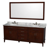 Wyndham Collection - Hatton 80 Inch Double Bathroom Vanity in Dark Chestnut, White Carrara Marble Countertop, Undermount Oval Sinks, and 70 Inch Mirror - Dark Chestnut