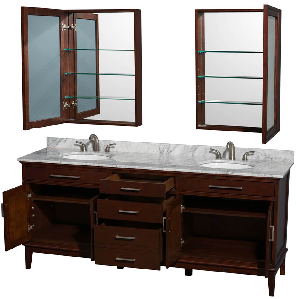 Hatton 80 Inch Double Bathroom Vanity in Dark Chestnut, White Carrara Marble Countertop, Undermount Oval Sinks, and Medicine Cabinets
