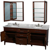Hatton 80 Inch Double Bathroom Vanity in Dark Chestnut, White Carrara Marble Countertop, Undermount Oval Sinks, and Medicine Cabinets