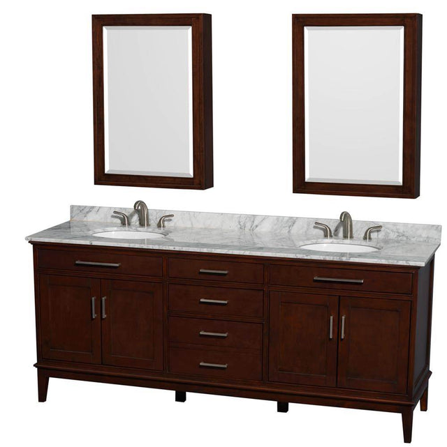 Wyndham Collection - Hatton 80 Inch Double Bathroom Vanity in Dark Chestnut, White Carrara Marble Countertop, Undermount Oval Sinks, and Medicine Cabinets - Dark Chestnut