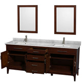 Hatton 80 Inch Double Bathroom Vanity in Dark Chestnut, White Carrara Marble Countertop, Undermount Square Sinks, and 24 Inch Mirrors