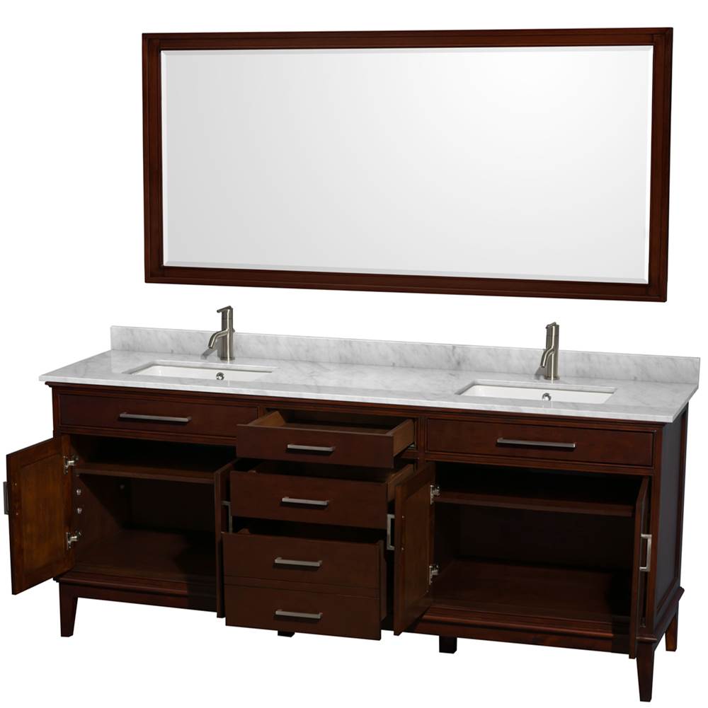 Hatton 80 Inch Double Bathroom Vanity in Dark Chestnut, White Carrara Marble Countertop, Undermount Square Sinks, and 70 Inch Mirror
