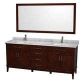 Wyndham Collection - Hatton 80 Inch Double Bathroom Vanity in Dark Chestnut, White Carrara Marble Countertop, Undermount Square Sinks, and 70 Inch Mirror - Dark Chestnut