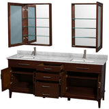 Hatton 80 Inch Double Bathroom Vanity in Dark Chestnut, White Carrara Marble Countertop, Undermount Square Sinks, and Medicine Cabinets