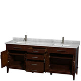 Hatton 80 Inch Double Bathroom Vanity in Dark Chestnut, White Carrara Marble Countertop, Undermount Square Sinks, and No Mirror