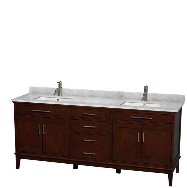Wyndham Collection - Hatton 80 Inch Double Bathroom Vanity in Dark Chestnut, White Carrara Marble Countertop, Undermount Square Sinks, and No Mirror - Dark Chestnut