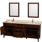 Hatton 80 Inch Double Bathroom Vanity in Dark Chestnut, Ivory Marble Countertop, Undermount Square Sinks, and 24 Inch Mirrors