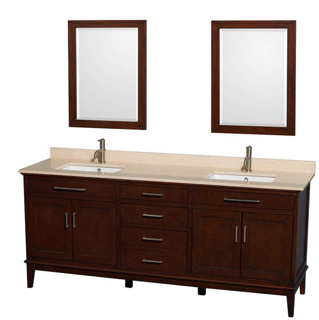 Wyndham Collection - Hatton 80 Inch Double Bathroom Vanity in Dark Chestnut, Ivory Marble Countertop, Undermount Square Sinks, and 24 Inch Mirrors - Dark Chestnut