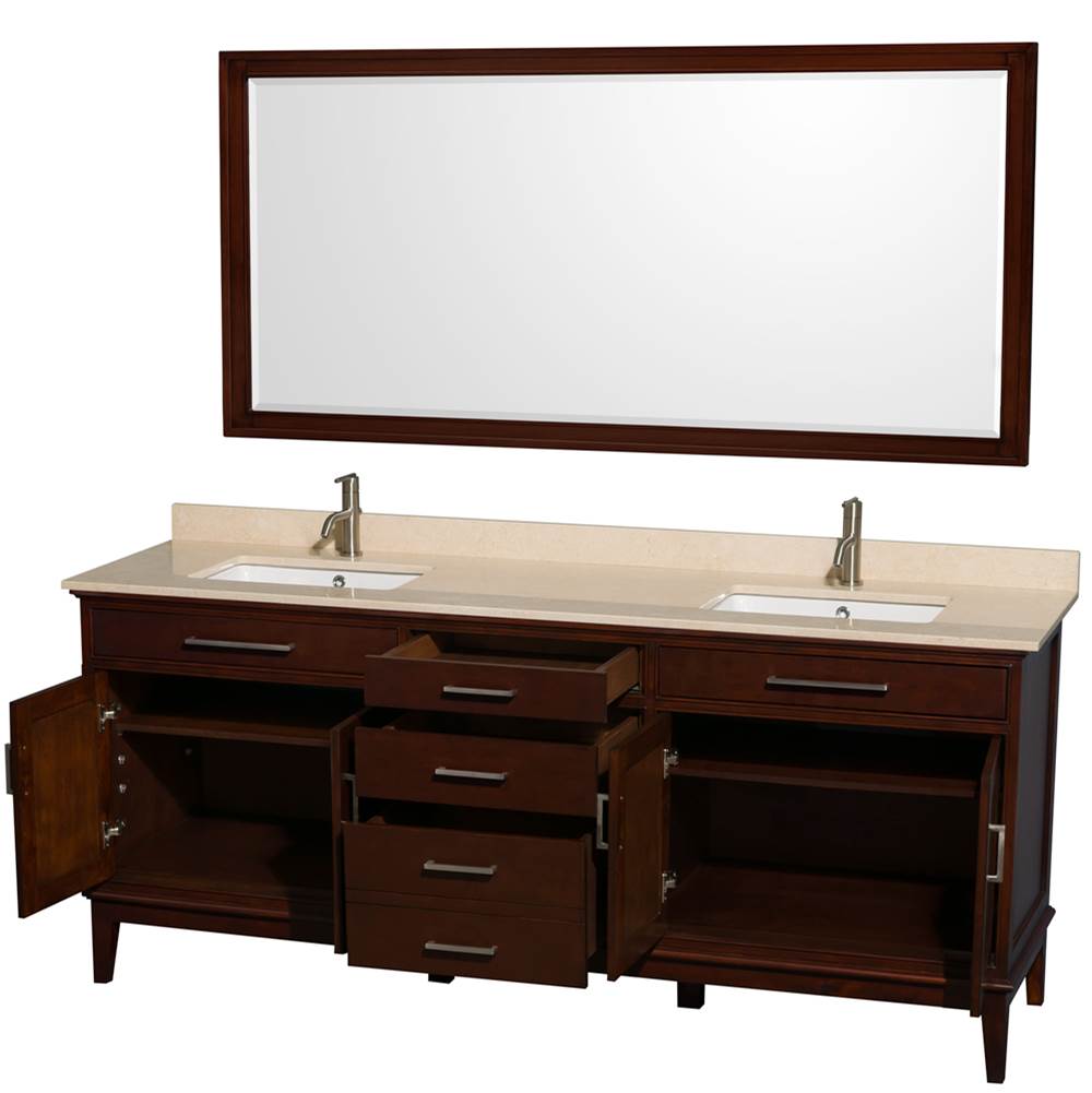 Hatton 80 Inch Double Bathroom Vanity in Dark Chestnut, Ivory Marble Countertop, Undermount Square Sinks, and 70 Inch Mirror