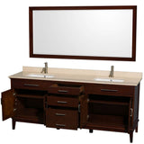 Hatton 80 Inch Double Bathroom Vanity in Dark Chestnut, Ivory Marble Countertop, Undermount Square Sinks, and 70 Inch Mirror