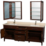 Hatton 80 Inch Double Bathroom Vanity in Dark Chestnut, Ivory Marble Countertop, Undermount Square Sinks, and Medicine Cabinets