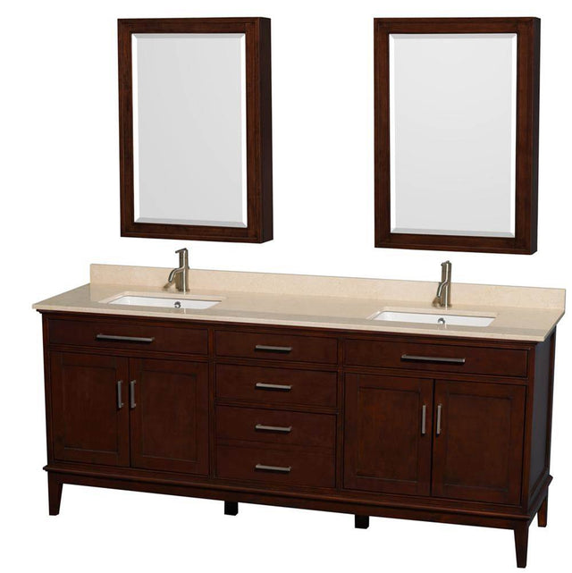 Wyndham Collection - Hatton 80 Inch Double Bathroom Vanity in Dark Chestnut, Ivory Marble Countertop, Undermount Square Sinks, and Medicine Cabinets - Dark Chestnut
