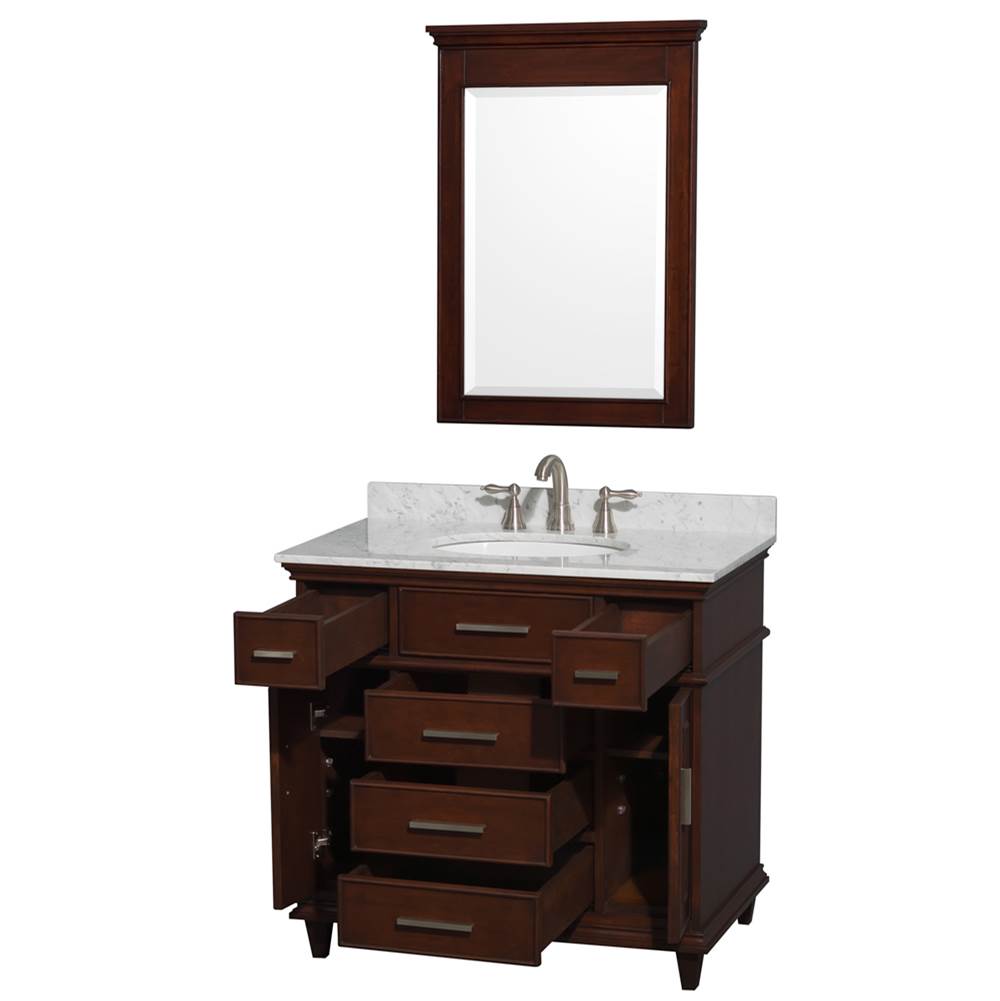 Berkeley 36 Inch Single Bathroom Vanity in Dark Chestnut with White Carrara Marble Top with White Undermount Oval Sink and 24 Inch Mirror