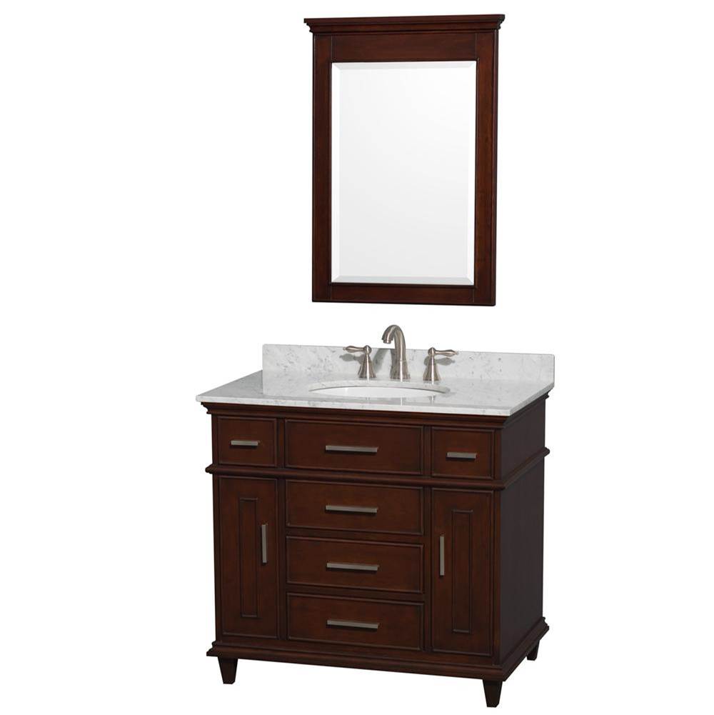 Wyndham Collection - Berkeley 36 Inch Single Bathroom Vanity in Dark Chestnut with White Carrara Marble Top with White Undermount Oval Sink and 24 Inch Mirror - Dark Chestnut
