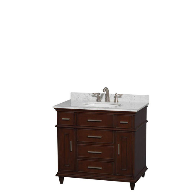 Wyndham Collection - Berkeley 36 Inch Single Bathroom Vanity in Dark Chestnut with White Carrara Marble Top with White Undermount Oval Sink and No Mirror - Dark Chestnut