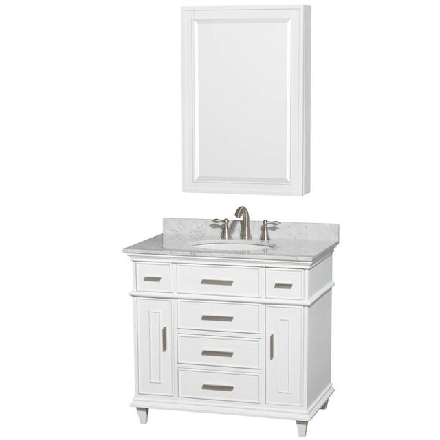 Wyndham Collection - Berkeley 36 Inch Single Bathroom Vanity in White, White Carrara Marble Countertop, Undermount Round Sink, 24 Inch Medicine Cabinet - White