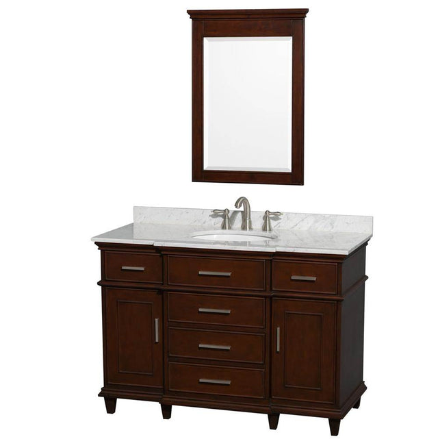 Wyndham Collection - Berkeley 48 Inch Single Bathroom Vanity in Dark Chestnut with White Carrara Marble Top with White Undermount Oval Sink and 24 Inch Mirror - Dark Chestnut