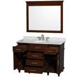 Berkeley 48 Inch Single Bathroom Vanity in Dark Chestnut with White Carrara Marble Top with White Undermount Oval Sink and 44 Inch Mirror