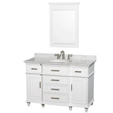Wyndham Collection - Berkeley 48 Inch Single Bathroom Vanity in White with White Carrara Marble Top with White Undermount Oval Sink and 24 Inch Mirror - White