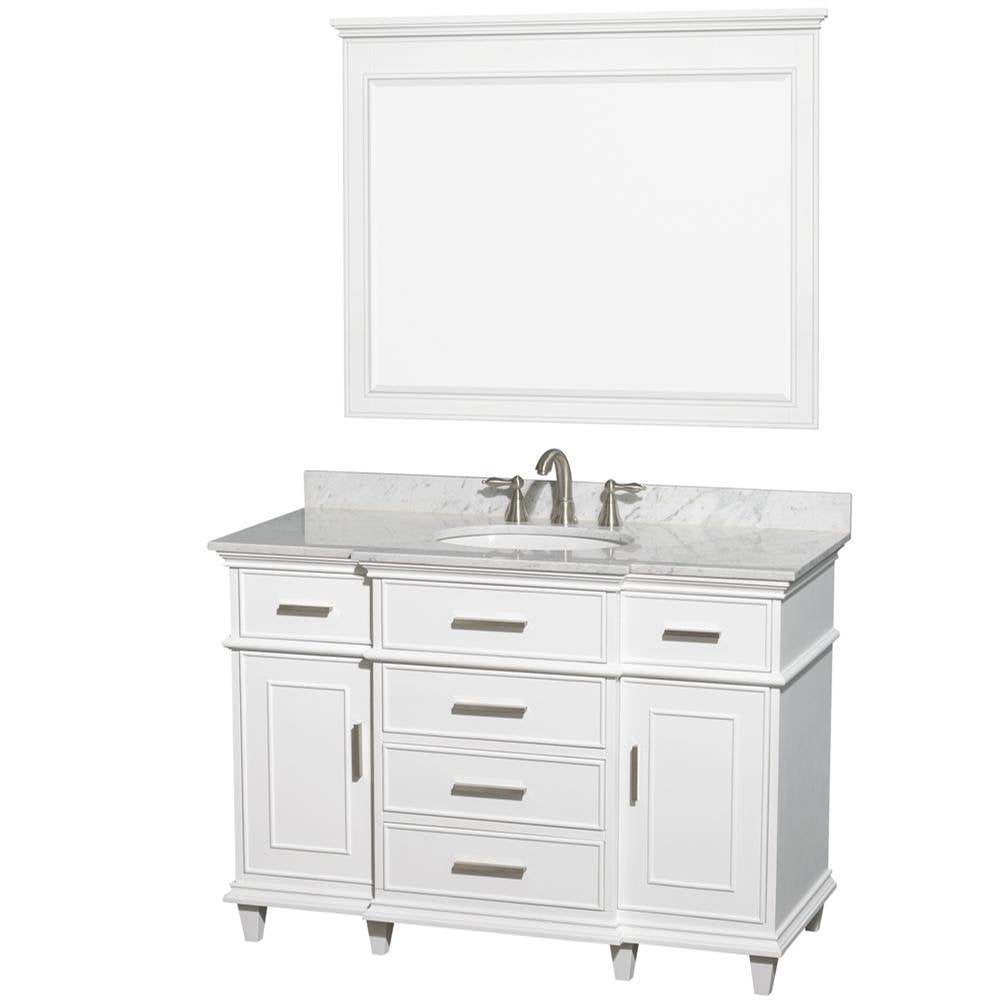 Wyndham Collection - Berkeley 48 Inch Single Bathroom Vanity in White with White Carrara Marble Top with White Undermount Oval Sink and 44 Inch Mirror - White