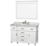 Wyndham Collection - Berkeley 48 Inch Single Bathroom Vanity in White with White Carrara Marble Top with White Undermount Oval Sink and 44 Inch Mirror - White