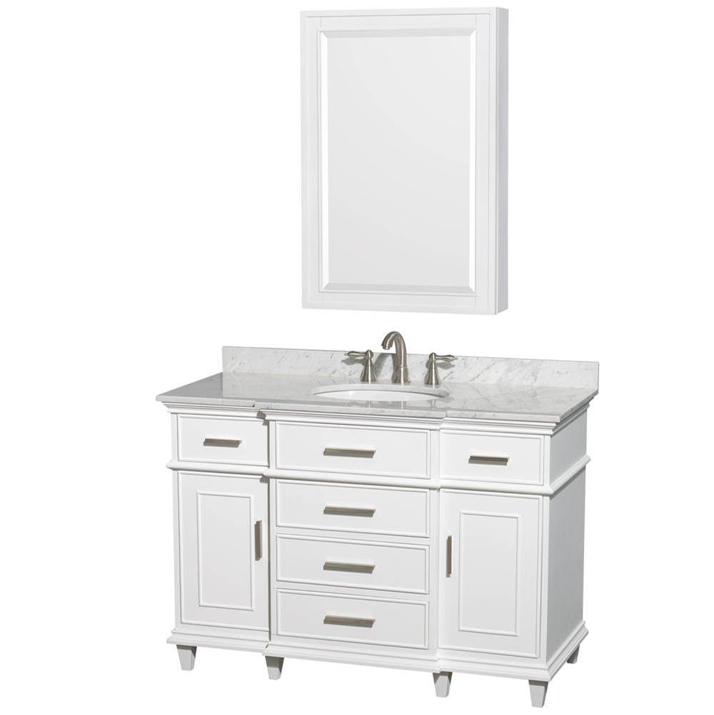 Wyndham Collection - Berkeley 48 Inch Single Bathroom Vanity in White, White Carrara Marble Countertop, Undermount Round Sink, 24 Inch Medicine Cabinet - White