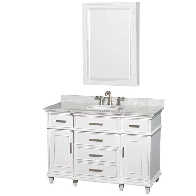 Wyndham Collection - Berkeley 48 Inch Single Bathroom Vanity in White, White Carrara Marble Countertop, Undermount Round Sink, 24 Inch Medicine Cabinet - White