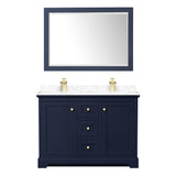 Avery 48 Inch Double Bathroom Vanity in Dark Blue, Dark-Vein Carrara Cultured Marble Countertop, Undermount Square Sinks, 46 Inch Mirror
