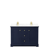 Avery 48 Inch Double Bathroom Vanity in Dark Blue, Dark-Vein Carrara Cultured Marble Countertop, Undermount Square Sinks, No Mirror